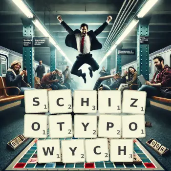 Kreatywna ilustracja do gry w Scrabble ze słowem SCHIZOTYPOWYCH ułożonym z płytek na planszy.
