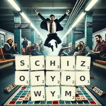 Kreatywna ilustracja do gry w Scrabble ze słowem SCHIZOTYPOWYM ułożonym z płytek na planszy.