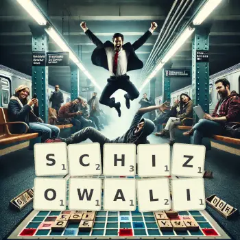 Kreatywna ilustracja do gry w Scrabble ze słowem SCHIZOWALI ułożonym z płytek na planszy.