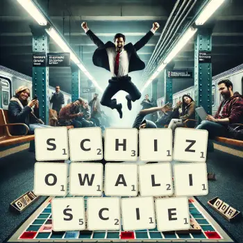Kreatywna ilustracja do gry w Scrabble ze słowem SCHIZOWALIŚCIE ułożonym z płytek na planszy.
