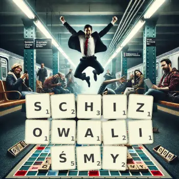 Kreatywna ilustracja do gry w Scrabble ze słowem SCHIZOWALIŚMY ułożonym z płytek na planszy.