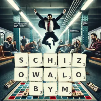 Kreatywna ilustracja do gry w Scrabble ze słowem SCHIZOWALOBYM ułożonym z płytek na planszy.