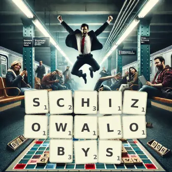 Kreatywna ilustracja do gry w Scrabble ze słowem SCHIZOWALOBYS ułożonym z płytek na planszy.