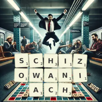 Kreatywna ilustracja do gry w Scrabble ze słowem SCHIZOWANIACH ułożonym z płytek na planszy.