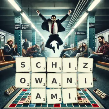 Kreatywna ilustracja do gry w Scrabble ze słowem SCHIZOWANIAMI ułożonym z płytek na planszy.