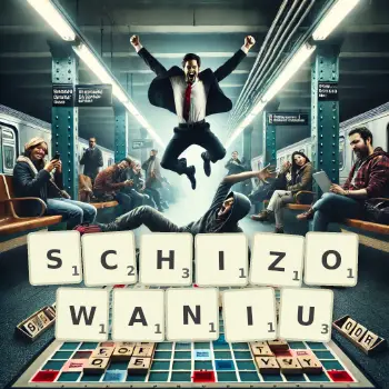 Kreatywna ilustracja do gry w Scrabble ze słowem SCHIZOWANIU ułożonym z płytek na planszy.