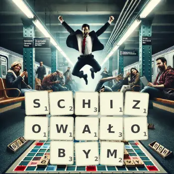 Kreatywna ilustracja do gry w Scrabble ze słowem SCHIZOWAŁOBYM ułożonym z płytek na planszy.