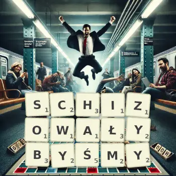 Kreatywna ilustracja do gry w Scrabble ze słowem SCHIZOWAŁYBYŚMY ułożonym z płytek na planszy.