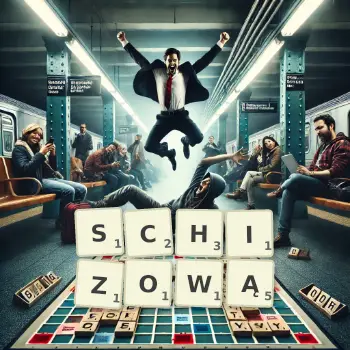 Kreatywna ilustracja do gry w Scrabble ze słowem SCHIZOWĄ ułożonym z płytek na planszy.