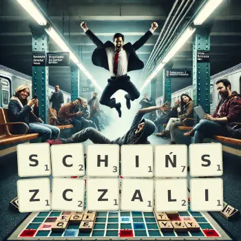 Kreatywna ilustracja do gry w Scrabble ze słowem SCHIŃSZCZALI ułożonym z płytek na planszy.