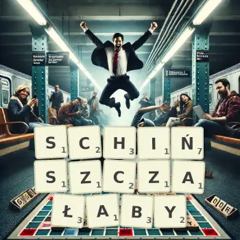 Kreatywna ilustracja do gry w Scrabble ze słowem SCHIŃSZCZAŁABY ułożonym z płytek na planszy.