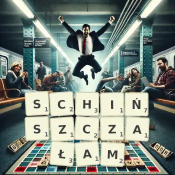 Kreatywna ilustracja do gry w Scrabble ze słowem SCHIŃSZCZAŁAM ułożonym z płytek na planszy.
