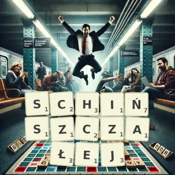 Kreatywna ilustracja do gry w Scrabble ze słowem SCHIŃSZCZAŁEJ ułożonym z płytek na planszy.