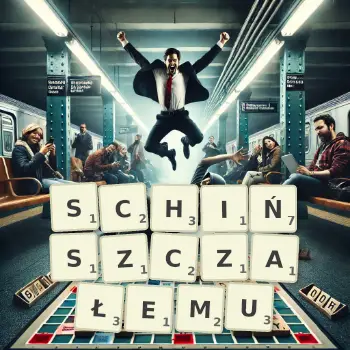 Kreatywna ilustracja do gry w Scrabble ze słowem SCHIŃSZCZAŁEMU ułożonym z płytek na planszy.