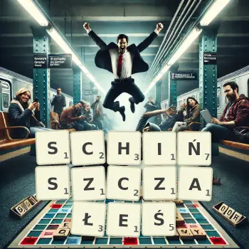 Kreatywna ilustracja do gry w Scrabble ze słowem SCHIŃSZCZAŁEŚ ułożonym z płytek na planszy.