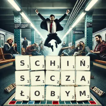 Kreatywna ilustracja do gry w Scrabble ze słowem SCHIŃSZCZAŁOBYM ułożonym z płytek na planszy.