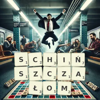 Kreatywna ilustracja do gry w Scrabble ze słowem SCHIŃSZCZAŁOM ułożonym z płytek na planszy.
