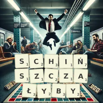 Kreatywna ilustracja do gry w Scrabble ze słowem SCHIŃSZCZAŁYBY ułożonym z płytek na planszy.