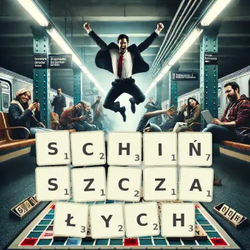 Kreatywna ilustracja do gry w Scrabble ze słowem SCHIŃSZCZAŁYCH ułożonym z płytek na planszy.