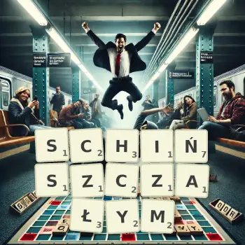 Kreatywna ilustracja do gry w Scrabble ze słowem SCHIŃSZCZAŁYM ułożonym z płytek na planszy.