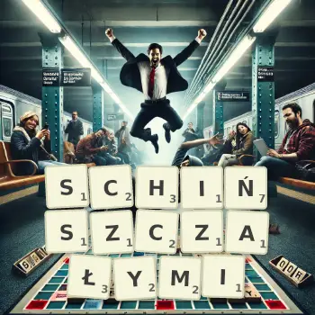 Kreatywna ilustracja do gry w Scrabble ze słowem SCHIŃSZCZAŁYMI ułożonym z płytek na planszy.