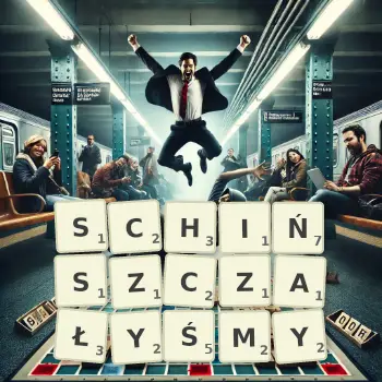 Kreatywna ilustracja do gry w Scrabble ze słowem SCHIŃSZCZAŁYŚMY ułożonym z płytek na planszy.