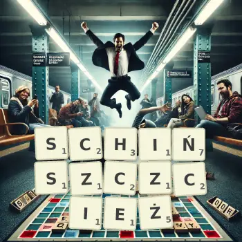 Kreatywna ilustracja do gry w Scrabble ze słowem SCHIŃSZCZCIEŻ ułożonym z płytek na planszy.