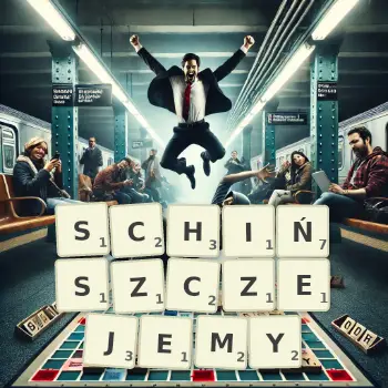 Kreatywna ilustracja do gry w Scrabble ze słowem SCHIŃSZCZEJEMY ułożonym z płytek na planszy.