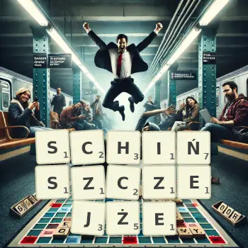 Kreatywna ilustracja do gry w Scrabble ze słowem SCHIŃSZCZEJŻE ułożonym z płytek na planszy.