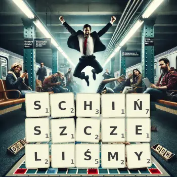 Kreatywna ilustracja do gry w Scrabble ze słowem SCHIŃSZCZELIŚMY ułożonym z płytek na planszy.