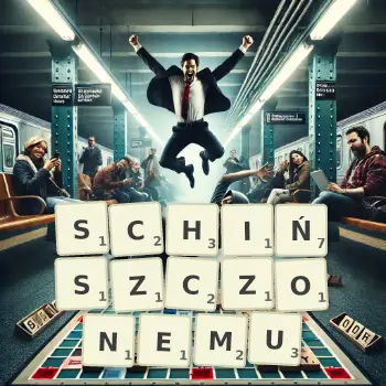 Kreatywna ilustracja do gry w Scrabble ze słowem SCHIŃSZCZONEMU ułożonym z płytek na planszy.