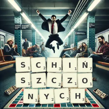 Kreatywna ilustracja do gry w Scrabble ze słowem SCHIŃSZCZONYCH ułożonym z płytek na planszy.