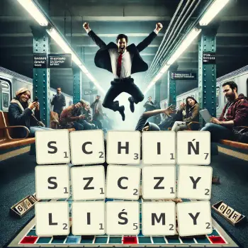 Kreatywna ilustracja do gry w Scrabble ze słowem SCHIŃSZCZYLIŚMY ułożonym z płytek na planszy.