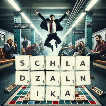 Kreatywna ilustracja do gry w Scrabble ze słowem SCHLADZALNIKA ułożonym z płytek na planszy.