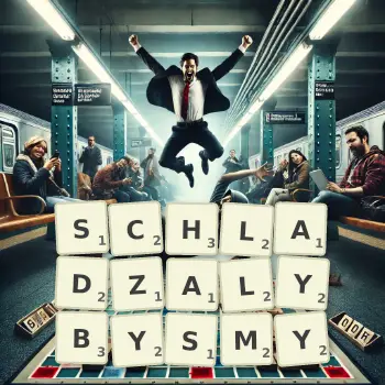 Kreatywna ilustracja do gry w Scrabble ze słowem SCHLADZALYBYSMY ułożonym z płytek na planszy.