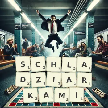 Kreatywna ilustracja do gry w Scrabble ze słowem SCHLADZIARKAMI ułożonym z płytek na planszy.