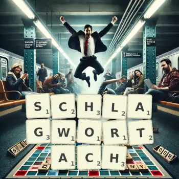 Kreatywna ilustracja do gry w Scrabble ze słowem SCHLAGWORTACH ułożonym z płytek na planszy.