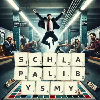 Kreatywna ilustracja do gry w Scrabble ze słowem SCHLAPALIBYŚMY ułożonym z płytek na planszy.
