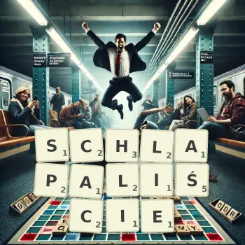 Kreatywna ilustracja do gry w Scrabble ze słowem SCHLAPALIŚCIE ułożonym z płytek na planszy.