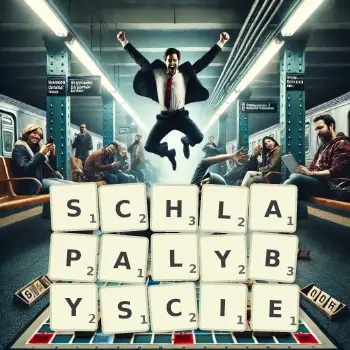 Kreatywna ilustracja do gry w Scrabble ze słowem SCHLAPALYBYSCIE ułożonym z płytek na planszy.