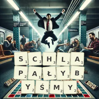 Kreatywna ilustracja do gry w Scrabble ze słowem SCHLAPAŁYBYŚMY ułożonym z płytek na planszy.
