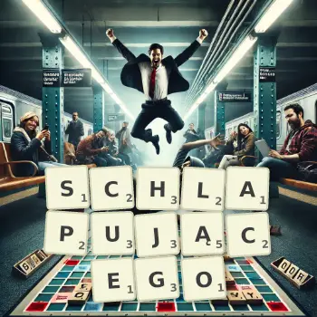 Kreatywna ilustracja do gry w Scrabble ze słowem SCHLAPUJĄCEGO ułożonym z płytek na planszy.