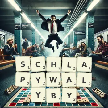 Kreatywna ilustracja do gry w Scrabble ze słowem SCHLAPYWALYBY ułożonym z płytek na planszy.