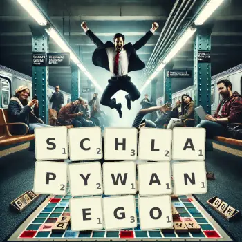 Kreatywna ilustracja do gry w Scrabble ze słowem SCHLAPYWANEGO ułożonym z płytek na planszy.