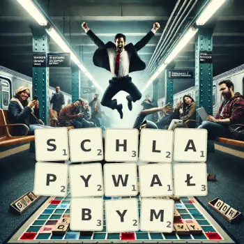 Kreatywna ilustracja do gry w Scrabble ze słowem SCHLAPYWAŁBYM ułożonym z płytek na planszy.