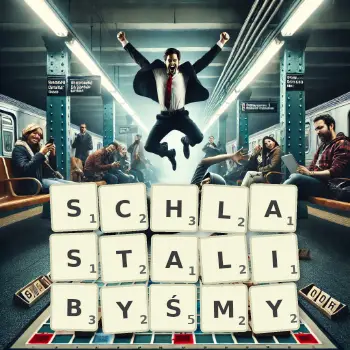 Kreatywna ilustracja do gry w Scrabble ze słowem SCHLASTALIBYŚMY ułożonym z płytek na planszy.