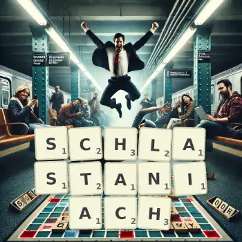 Kreatywna ilustracja do gry w Scrabble ze słowem SCHLASTANIACH ułożonym z płytek na planszy.