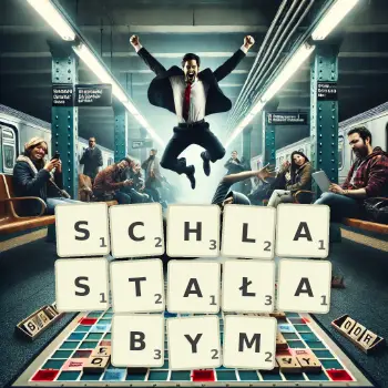 Kreatywna ilustracja do gry w Scrabble ze słowem SCHLASTAŁABYM ułożonym z płytek na planszy.