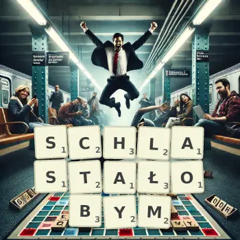 Kreatywna ilustracja do gry w Scrabble ze słowem SCHLASTAŁOBYM ułożonym z płytek na planszy.
