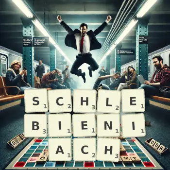 Kreatywna ilustracja do gry w Scrabble ze słowem SCHLEBIENIACH ułożonym z płytek na planszy.